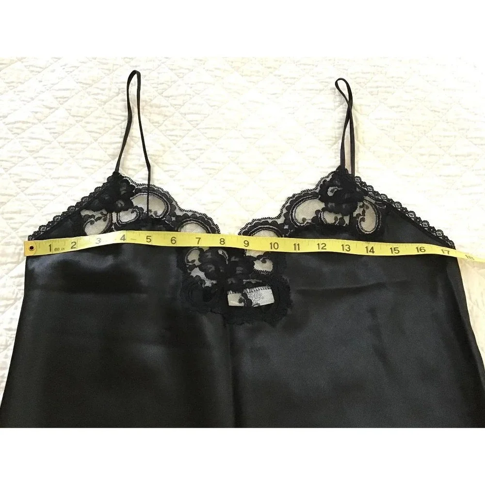 VTG 80's Black Satin Lace Trim Sz L Nightgown Lingerie + Ashley Taylor Half Slip